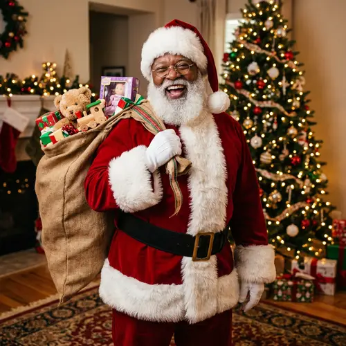 Cheerful Black Santa Claus Carrying Toy Sack | Festive Portrait