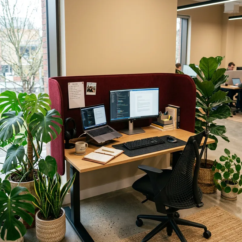 Modern Office Workstation with Red Felt Screen and Tropical Plants Modern Office Workstation with Red Felt Screen and Tropical Plants