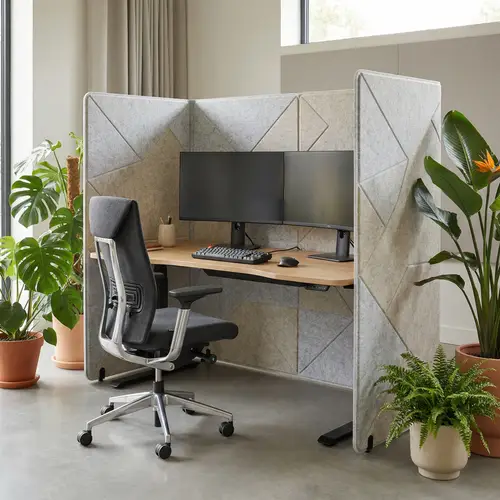 Modern Office Workstation with Acoustic Screen and Tropical Plants