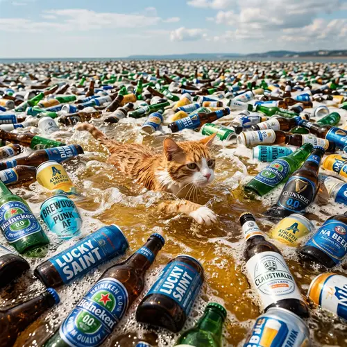 Cat Swimming in Sea of Non-Alcoholic Beers