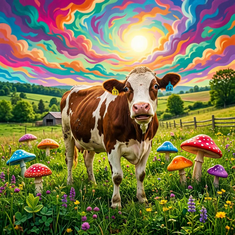 Dazed Cow in Dreamlike Pasture | Psychedelic Countryside Scene