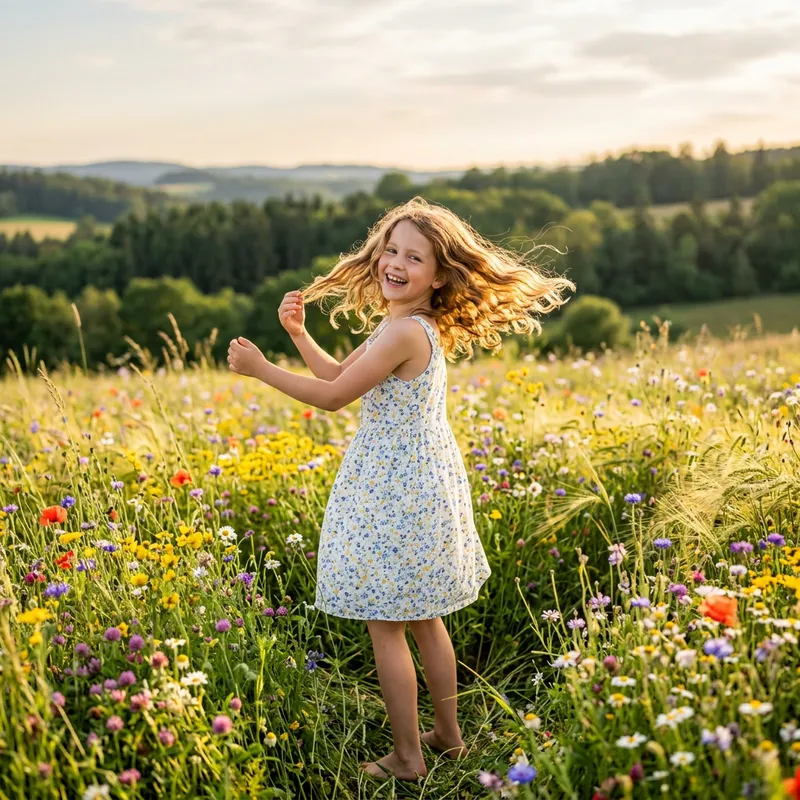 Vibrant Meadow: Young Girl in Sunlit Bliss