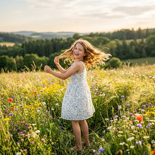 Sunlit Meadow with Wildflowers: Joyful Young Girl Playing