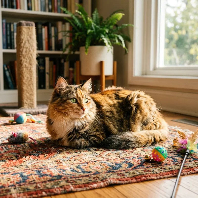 Cute Calico Cat Relaxing on Vintage Rug | Cat Domestic Scene