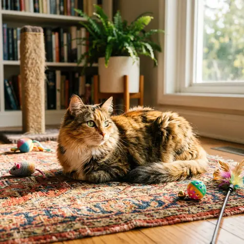 Adorable Calico Cat Lounging on Vintage Rug | Domestic Cat Scene