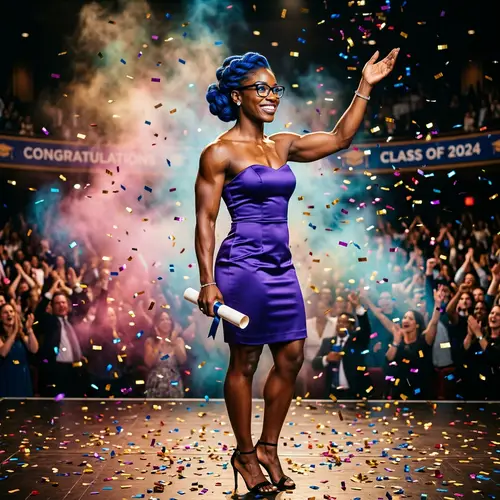 Tall Lady in Blue Hair & Purple Graduation Dress | Colorful Mist & Confetti