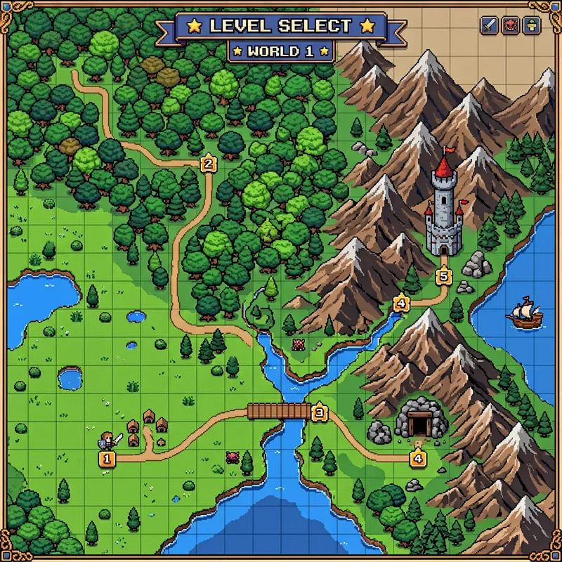 Pixelated Level Selector Map - Retro Adventure & Curiosity