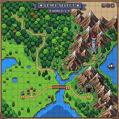 Retro Pixelated Level Selector Map for Video Game - Adventure & Curiosity