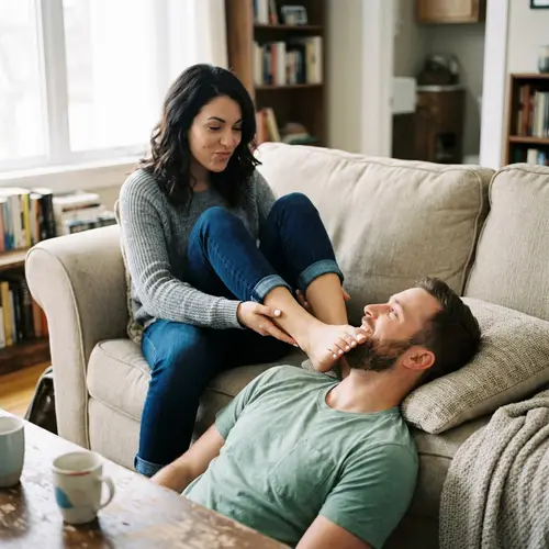 Elegant Woman with White Nails and Husband's Admiration