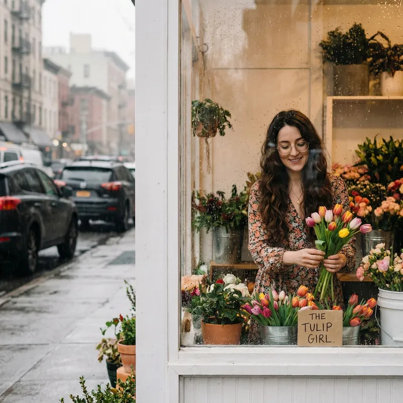 Captivating Tulip Girl: Enchanting Florist in a Vibrant City
