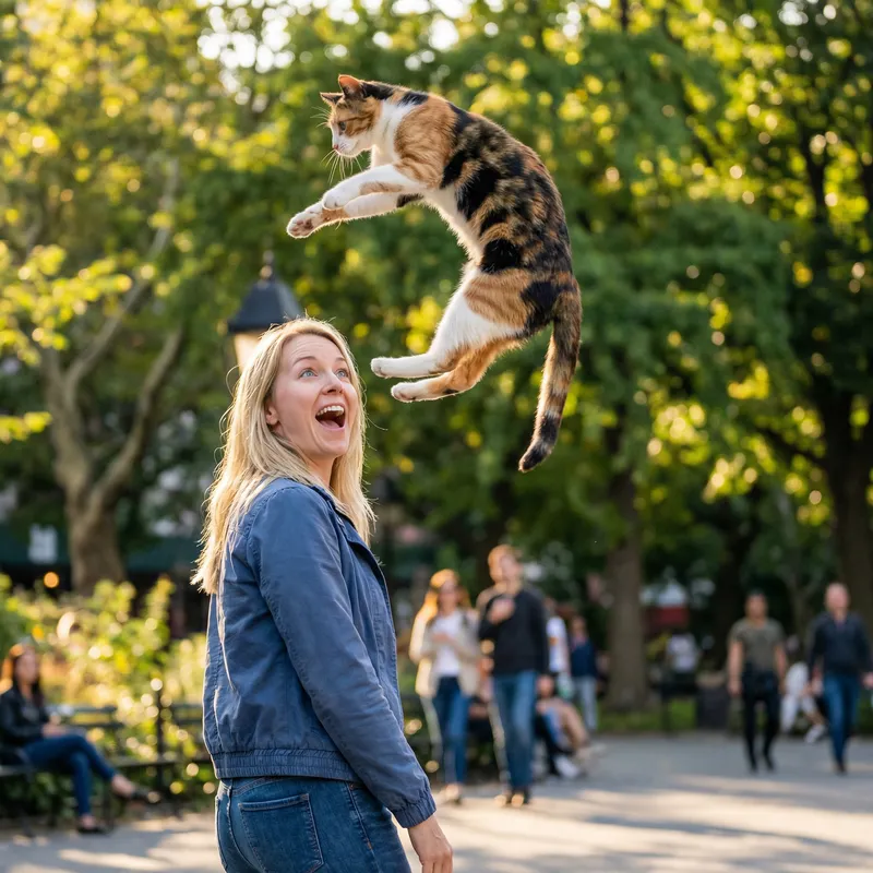 Playful Calico Cat Jumps Over Person in Urban Park