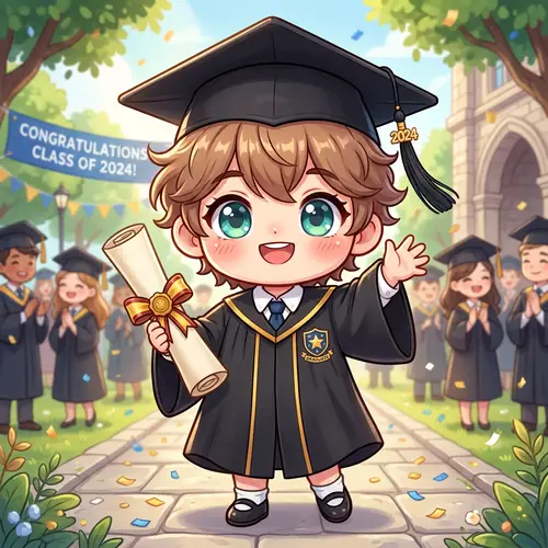 Adorable Chibi Graduate Character with Diploma