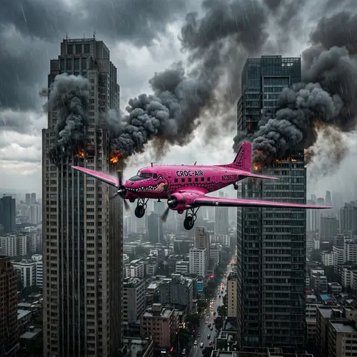 Pink Crocodile Airplane in a Stormy Sky