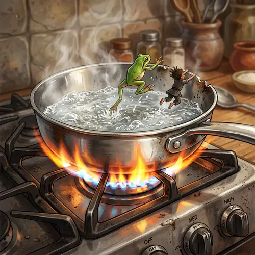 Fantasy Illustration: Frog and Small Person Escaping Boiling Water