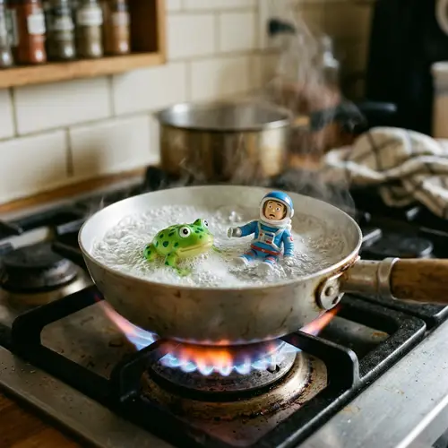Toy Frog and Figure in Boiling Water Fantasy Scene