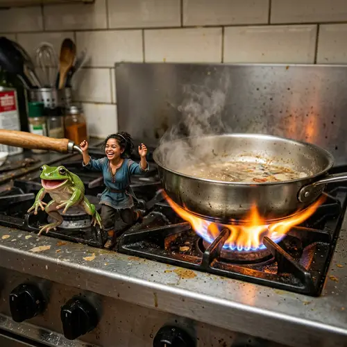 Joyful Frog and Person Escaping Boiling Pan on Stove