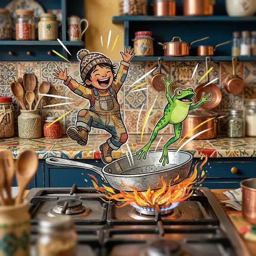 Whimsical Fantasy Art: Small Person & Frog in Vibrant Kitchen Scene
