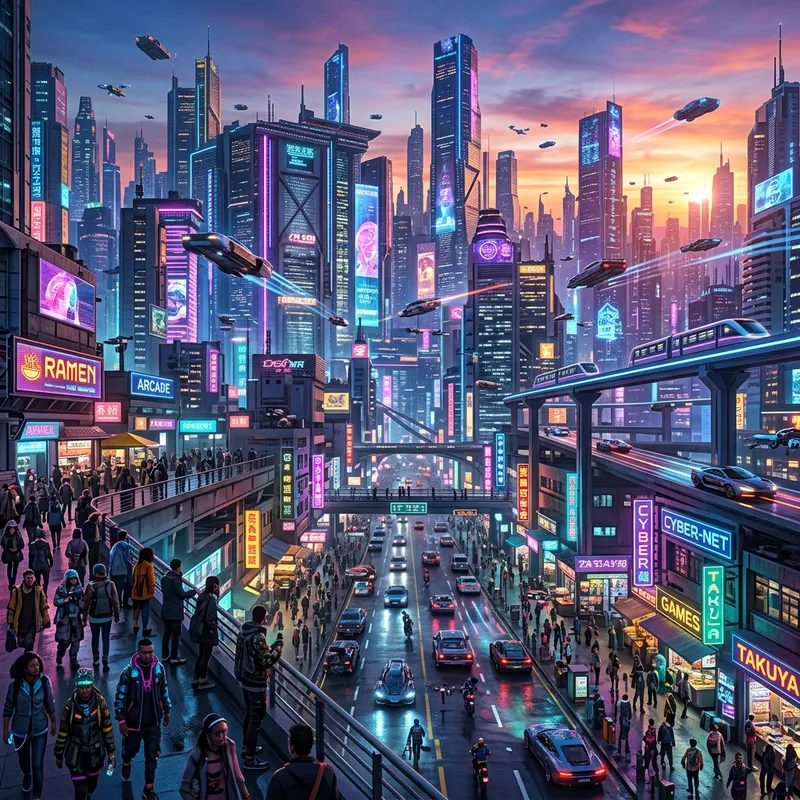 Vibrant Neon Cityscape at Sunset: Cyberpunk Street Scene