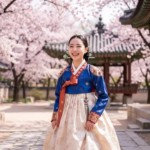 Beautiful Asian Woman in Traditional Hanbok | Vibrant Silk Garment