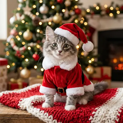 Charming Fluffy Cat in Santa Claus Outfit | Festive Holiday Cat