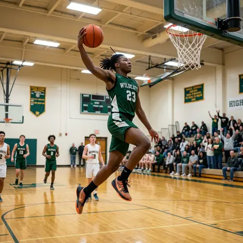 Dynamic African American Basketball Player Dunking in High School Gym