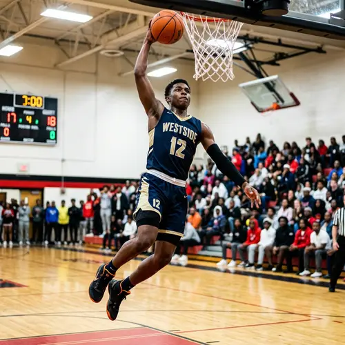 Dynamic African American Basketball Player Dunking in High School Gym