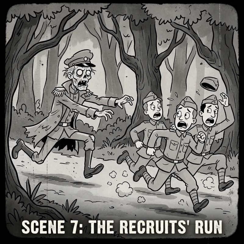 Disney Zombie Officer Chasing Military Recruits in Forest