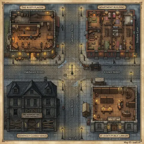 Victorian DnD Map of Intersection with Pub & Library