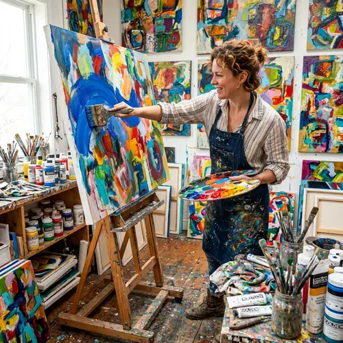 Caucasian Woman Abstract Painter in Vibrant Art Studio
