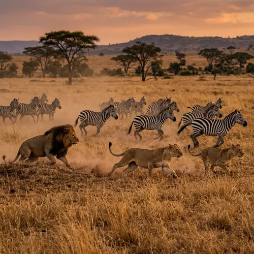 African Savannah Lion Hunt: Predatory Pursuit of Zebras