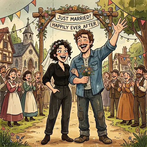 Vintage Animated Wedding Illustration with Joyful Characters