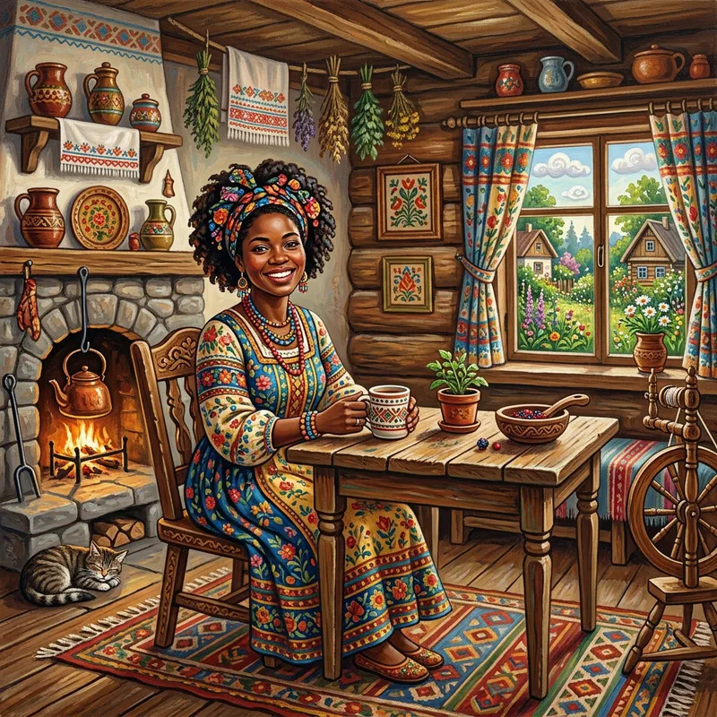 Folk Style Painting of a Beautiful Black Woman