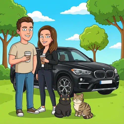 Bright Cartoon Image: Couple with Cats and BMW