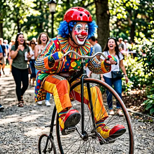 Colorful Clown Riding Bicycle with Red Helmet