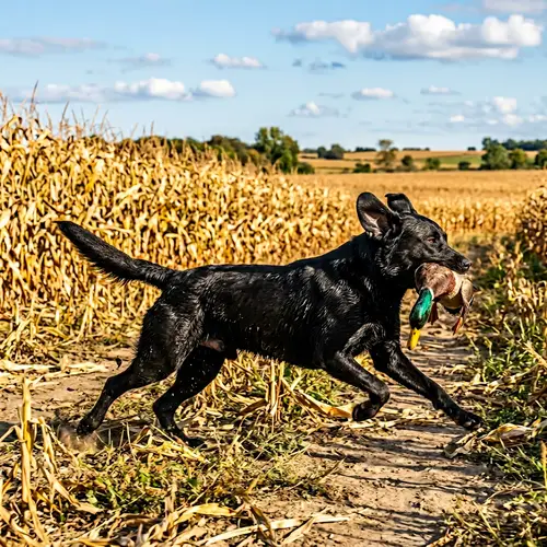 Energetic Black Labrador Retrieving Mallard Duck in Cornfield