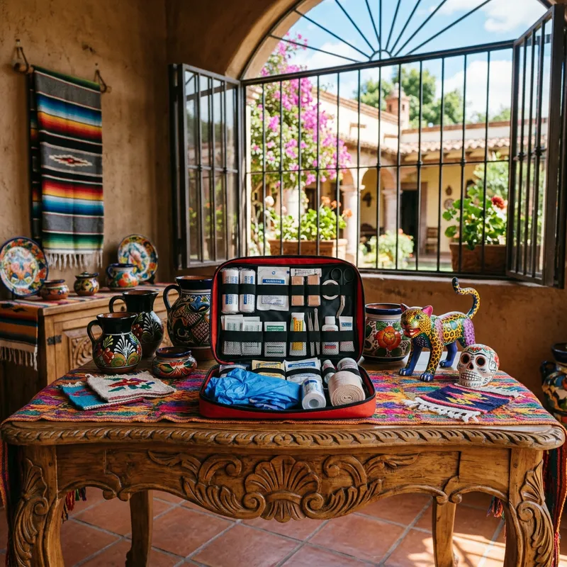 Primeros Auxilios Kit in Vibrant Mexican Setting Primeros Auxilios Kit in Vibrant Mexican Setting