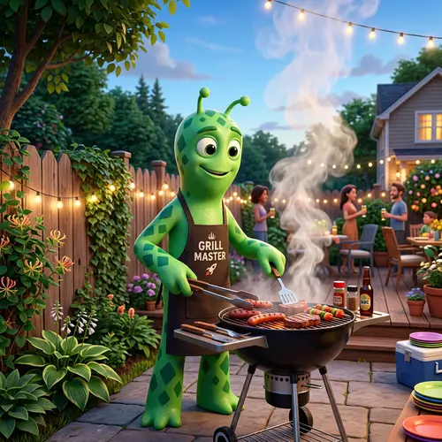 Green Alien BBQ | Fun-Filled Summer Evening Scene