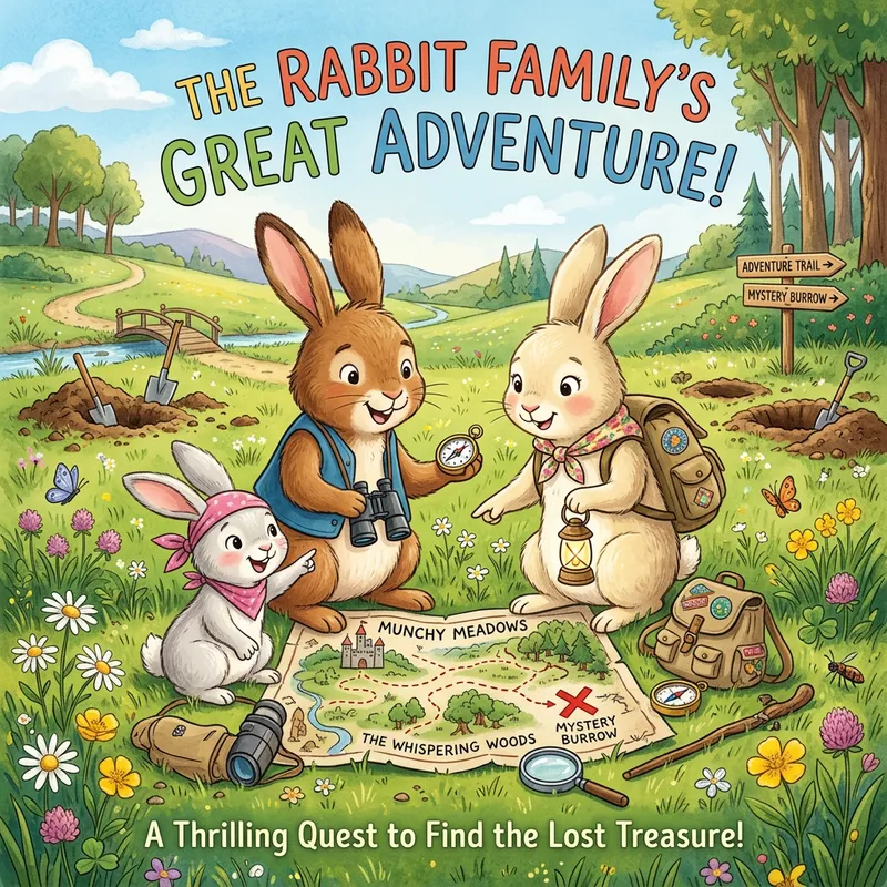 Adventurous Rabbit Family: Kids' Book Cover Art