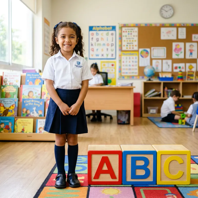 Beautiful Hispanic Girl in School Uniform Next to ABC Letter Blocks Beautiful Hispanic Girl in School Uniform Next to ABC Letter Blocks