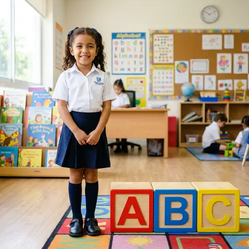 Beautiful Hispanic Girl in School Uniform with ABC Blocks