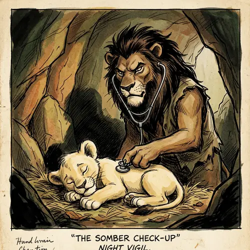 Illustration of Dark-Maned Lion Doctor Checking Cub's Heartbeat