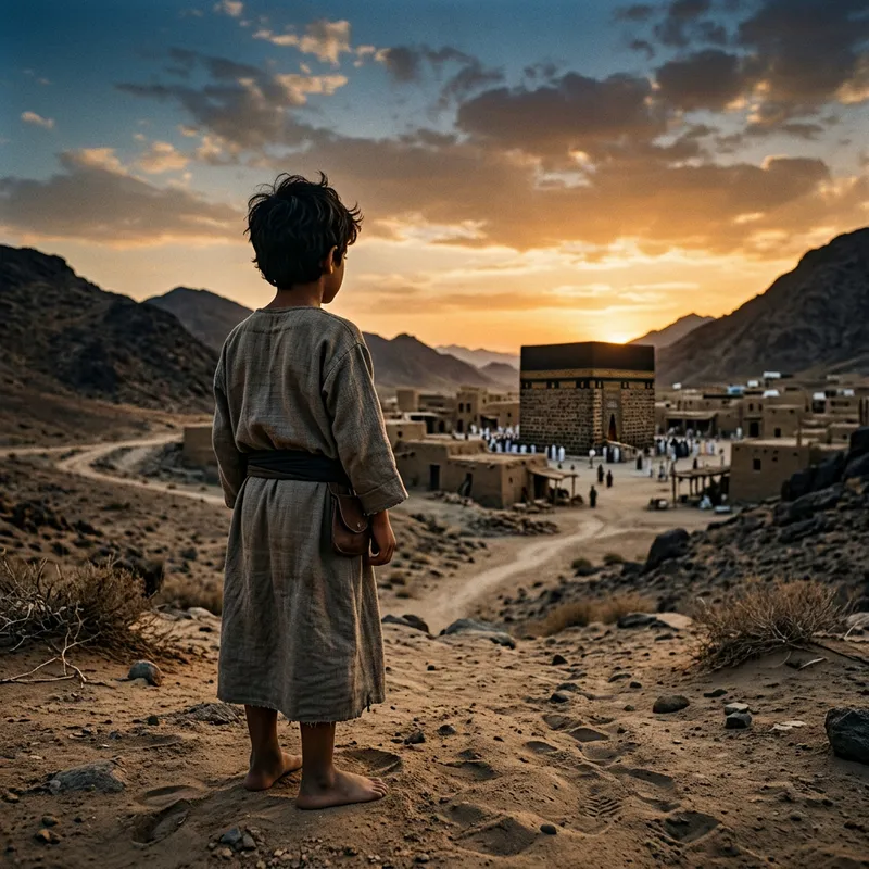 Middle-Eastern Boy Standing in Pre-Islamic Desert with Kaaba Middle-Eastern Boy Standing in Pre-Islamic Desert with Kaaba