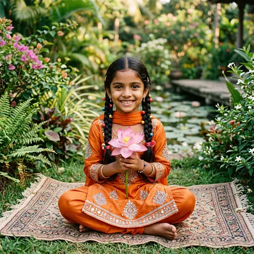 Young Indian Girl in Vibrant Outfit Holding Lotus Flower