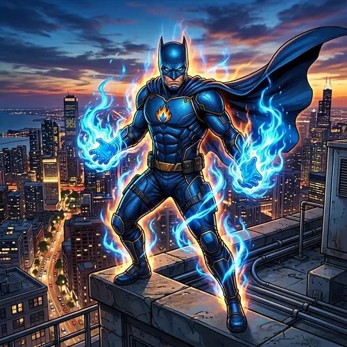 Blue Fire Superhero in Vibrant Suit | Cityscape Dramatic Scene
