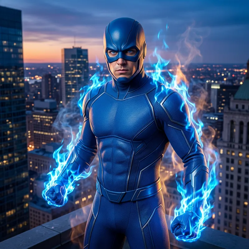 Blue Fire Superhero | Dramatic Manifestation in Cityscape