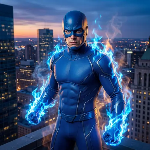 Blue Fire Superhero | Captivating Masked Crusader in Twilight Cityscape