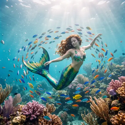 Surreal Underwater Mermaid Scene with Colorful Fish