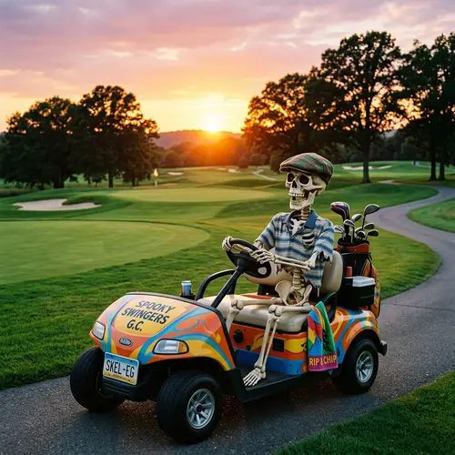 Skeleton Driving Golf Cart: Spooky & Fun