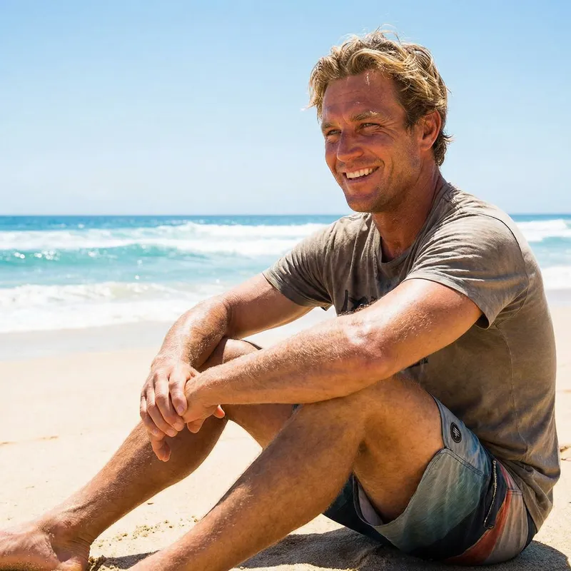 Muscular Man with Green Eyes Enjoying Sunny Beach Day Muscular Man with Green Eyes Enjoying Sunny Beach Day