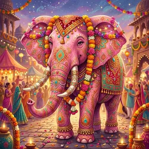 Whimsical Pink Elephant Decorated with Indian Patterns